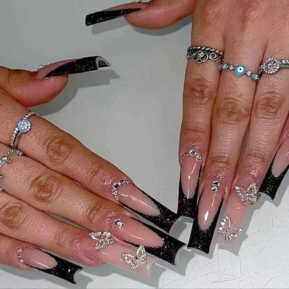 Foccna press on nails long rhinestone pink and black square design