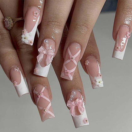 Foccna Press on Nails pink rhinestone front view with glossy finish