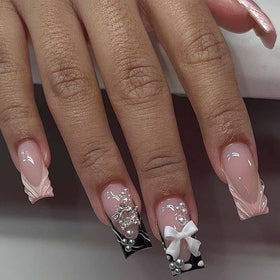 Foccna Press on Nails pink rhinestone square design front view