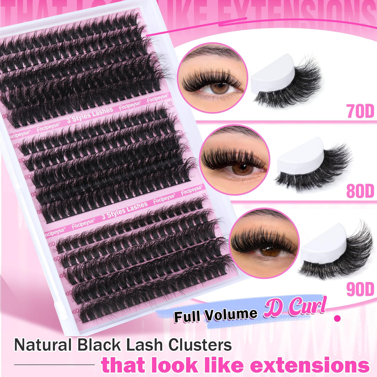 Focipeysa lash clusters in a hand demonstrating application