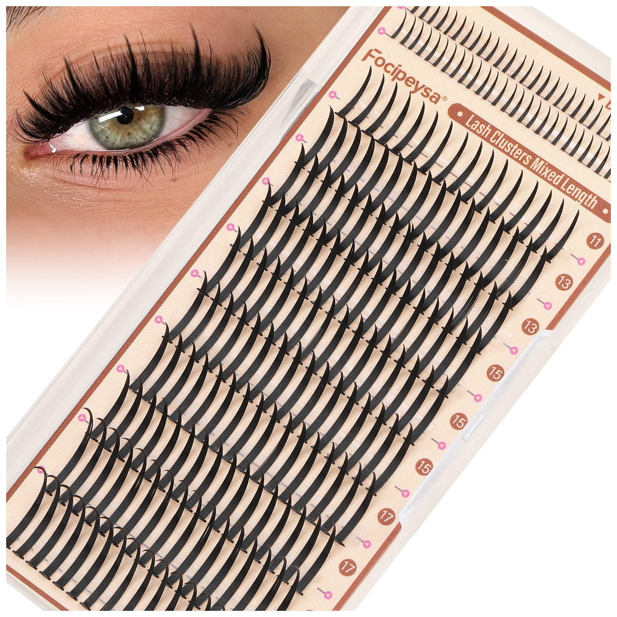 Focipeysa Spike Clusters Eyelashes front view with 11-21mm lengths