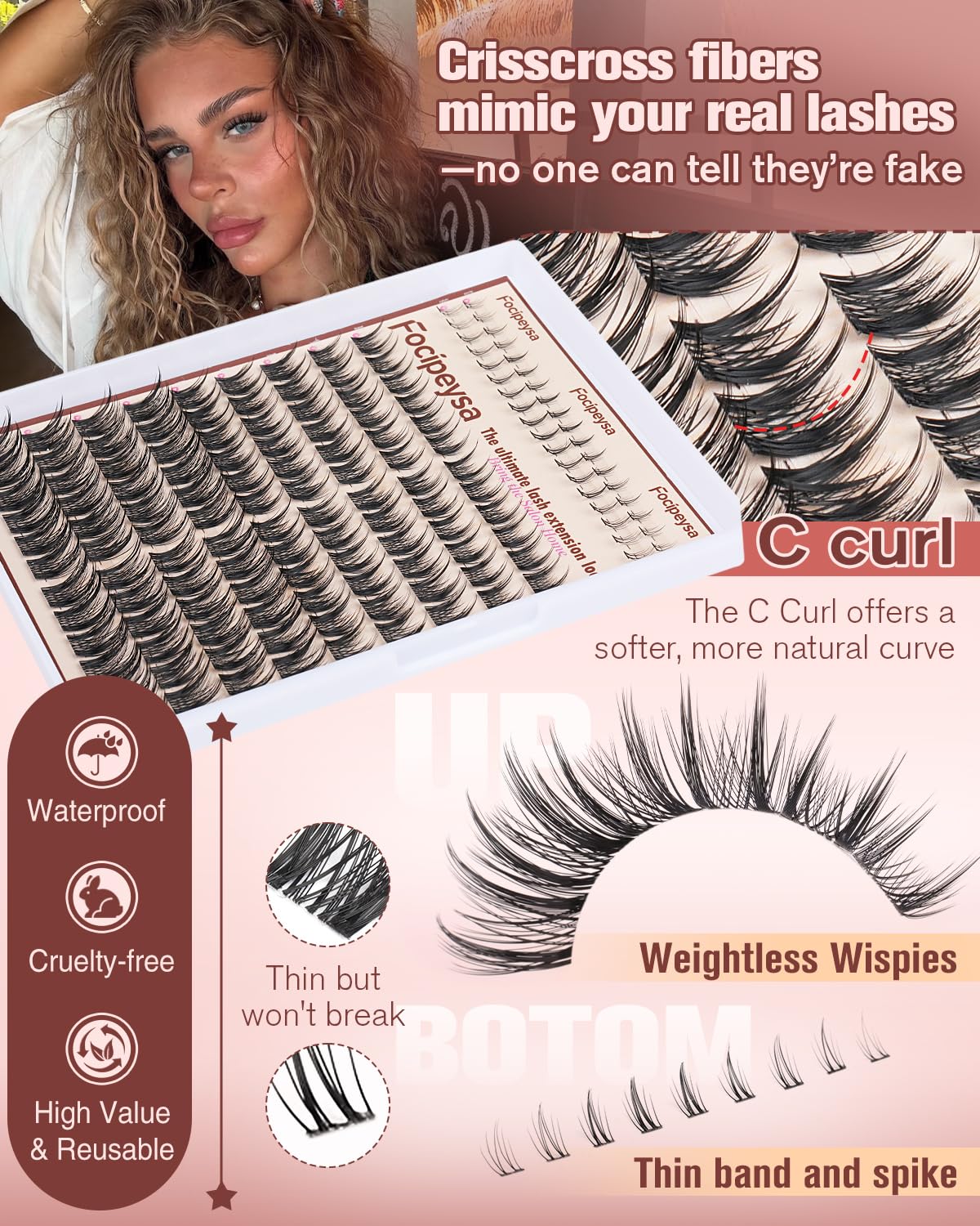 Focipeysa Wispy Lash Clusters in use on a model's eyes