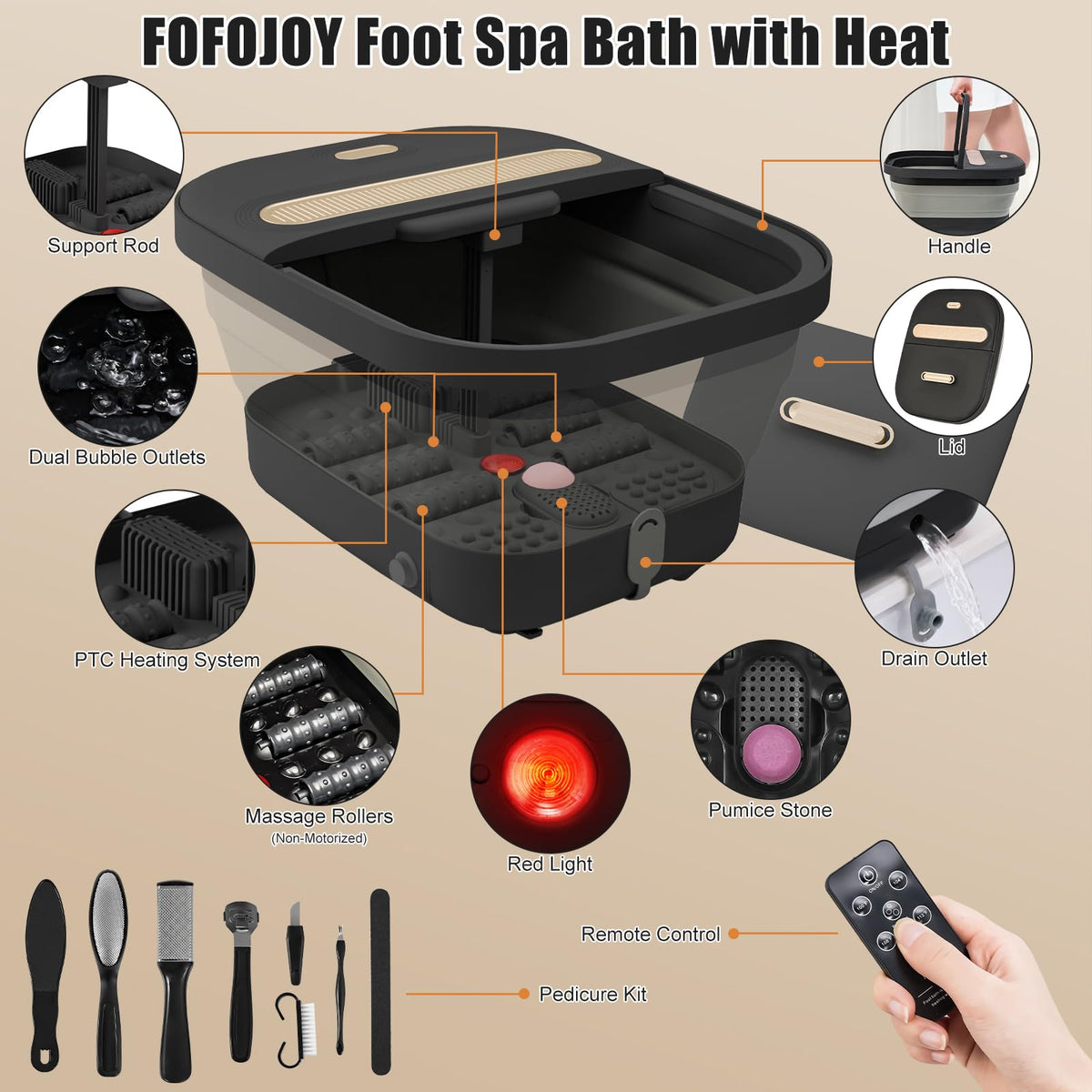 FOFOJÔY Foot Spa Bath showing heating and massage features