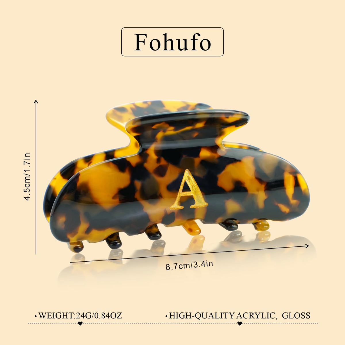 Fohufo Tortoise Shell Initial Hair Clip close-up of A-letter