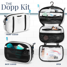 Folded toiletry bag dimensions displayed