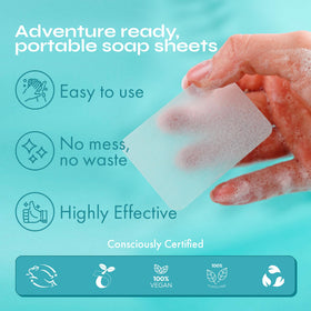 FOMIN Paper Soap Sheets next to camping gear