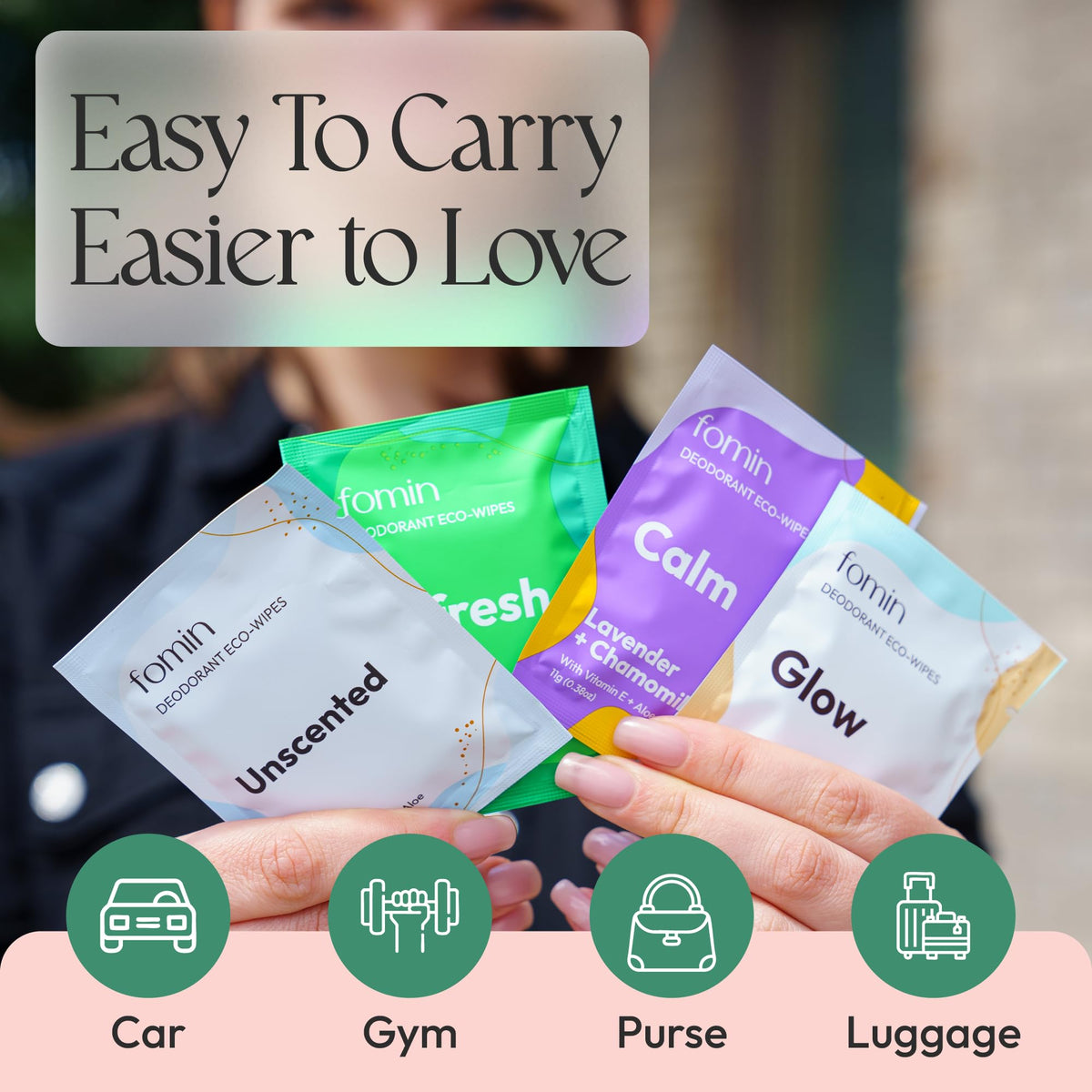 FOMIN Travel Deodorant Wipes showing biodegradable packaging