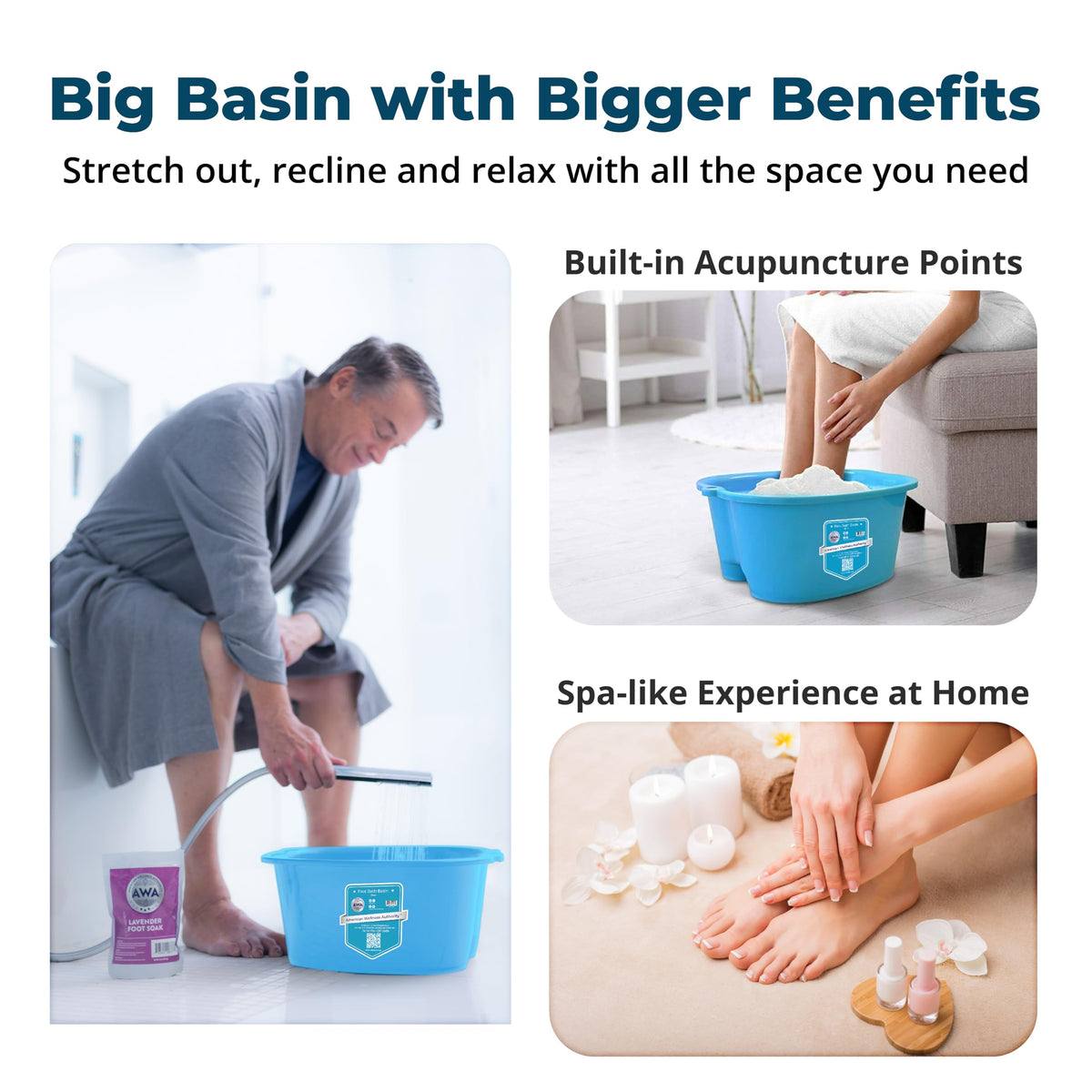 Foot soaking tub filled with warm water and Epsom salts