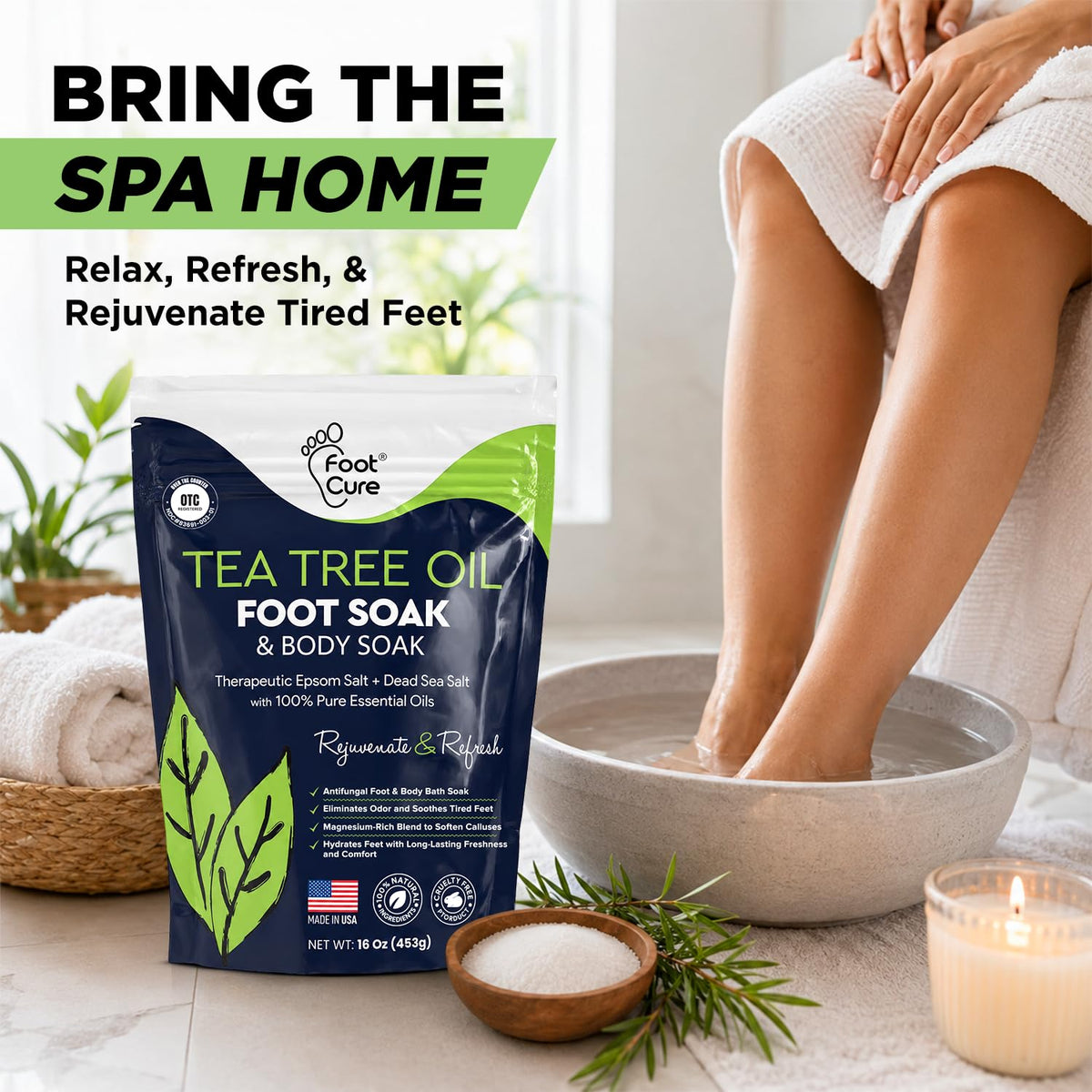FOOT Tea Tree Oil Foot Soak on a spa table