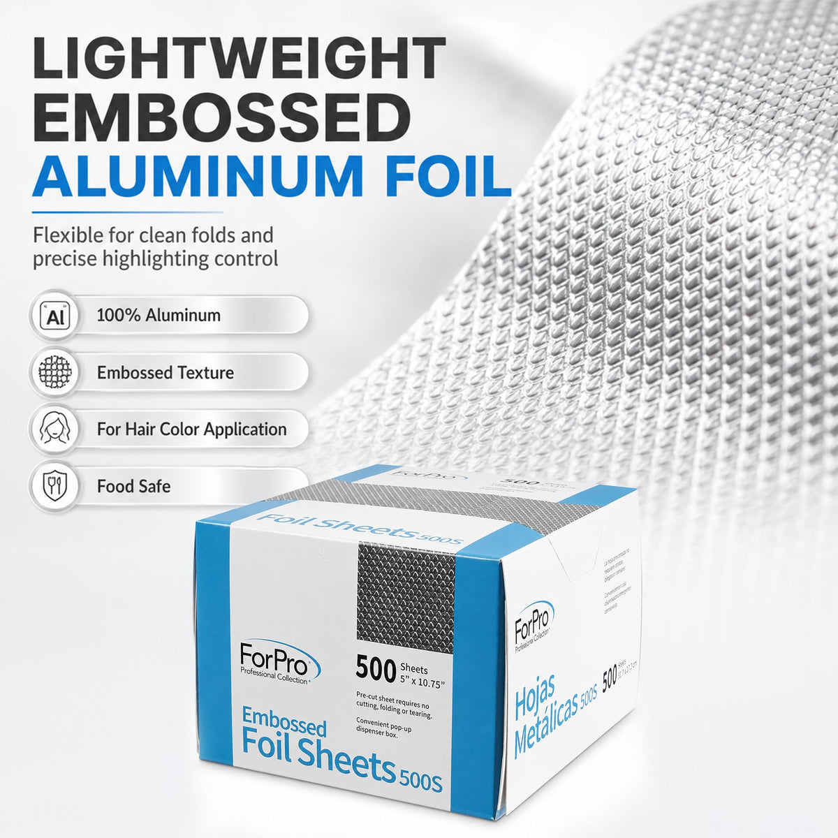 ForPro hair foil sheets displayed on a salon table with hair colouring tools