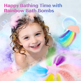 Four different shapes of AWKUWA Rainbow Bath Bombs displayed together