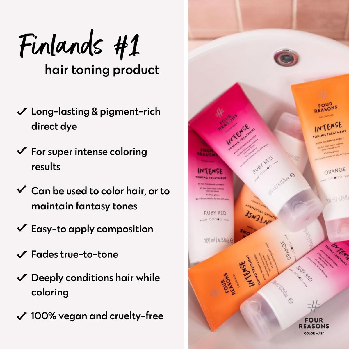 FOUR REASONS INTENSE Orange Color Mask on a bathroom shelf