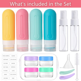 Four travel bottles in various colours included in the set
