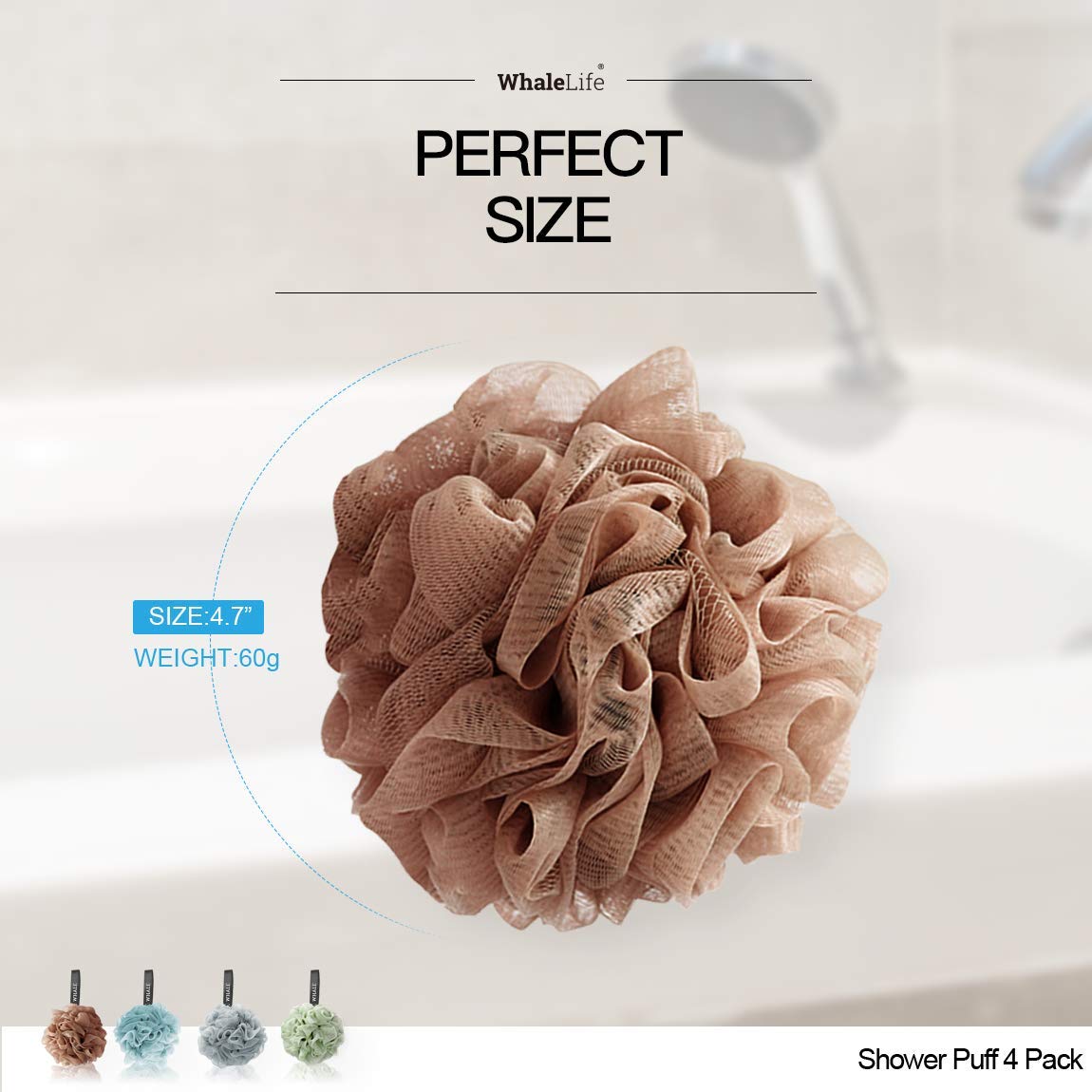 Four WhaleLife Loofah Sponges in different colours