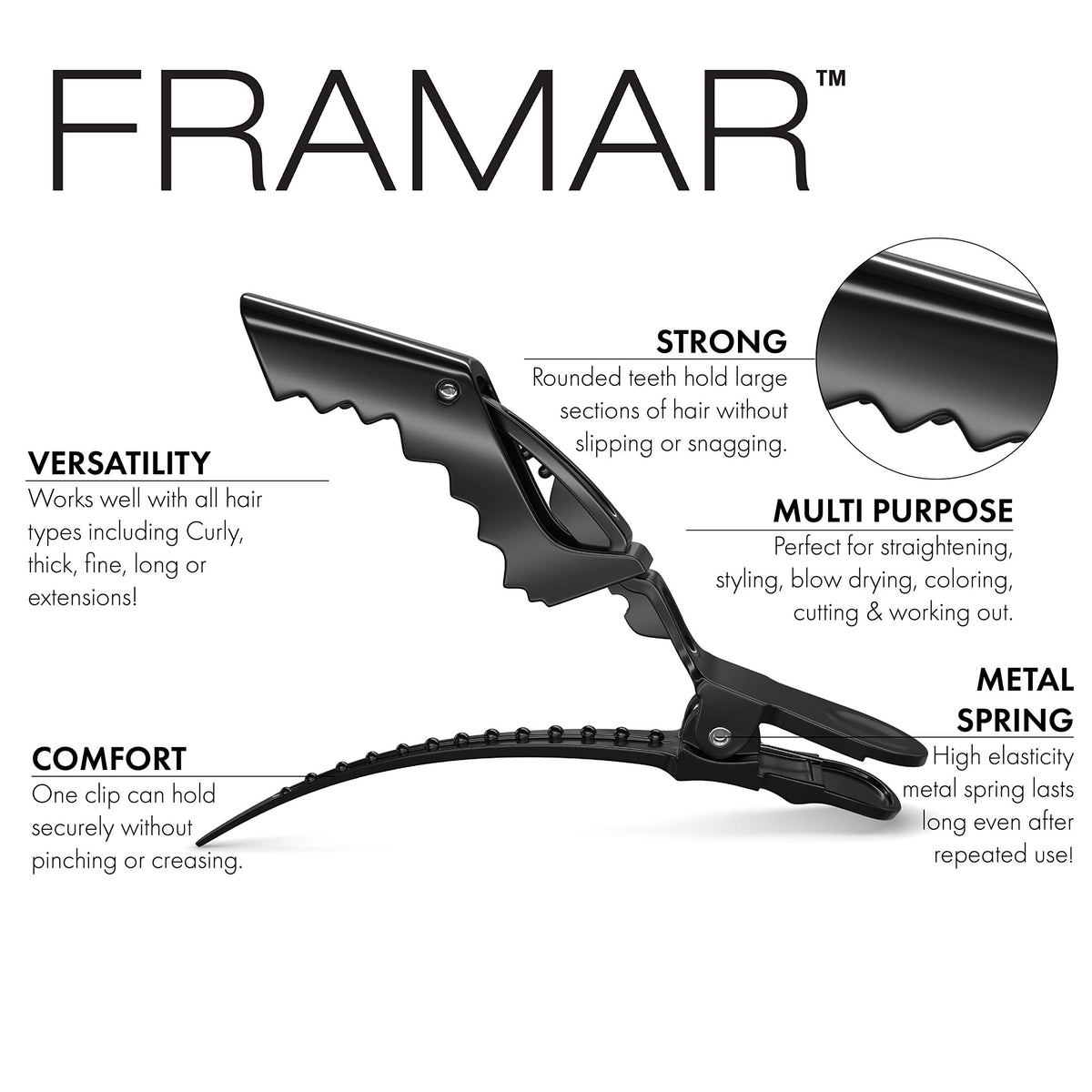 FRAMAR Black Alligator Clip close-up showing spring mechanism