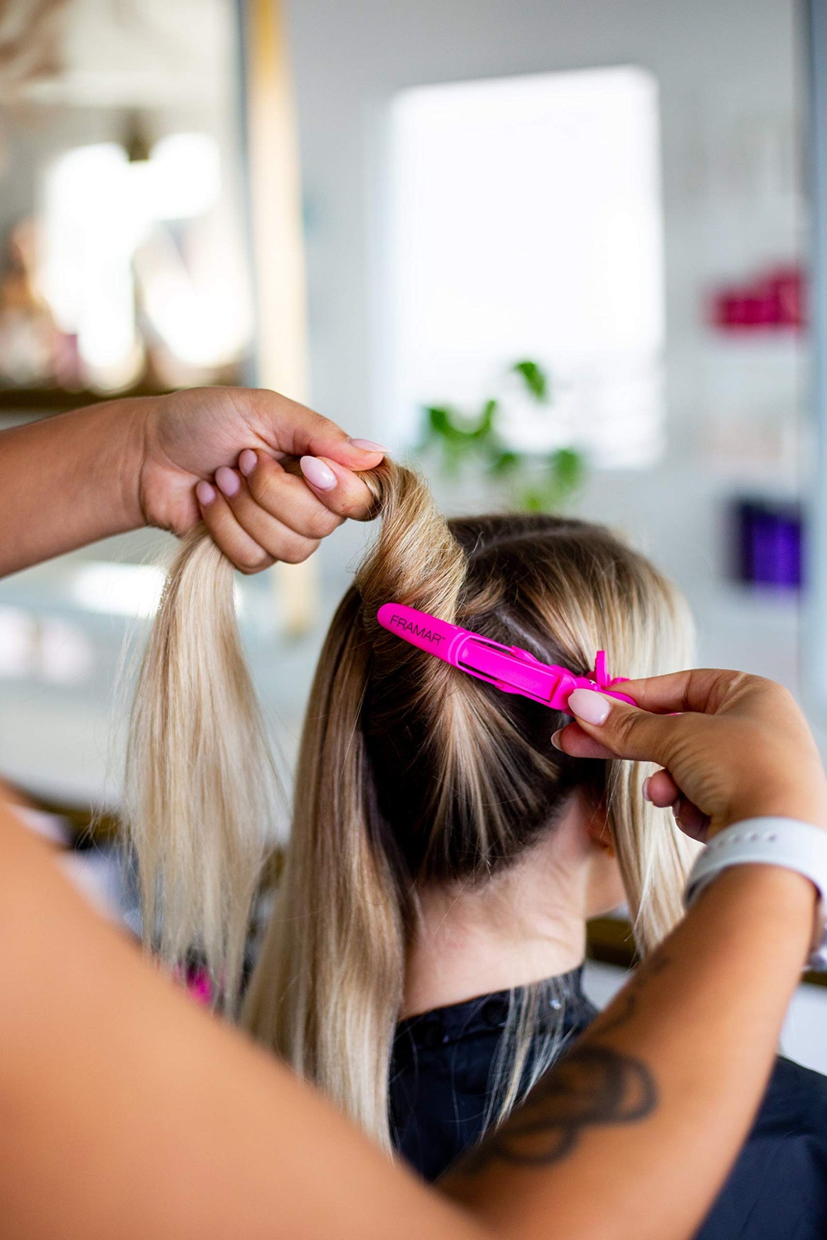 FRAMAR Gator Grips Pink Styling Hair Clips in use on hair
