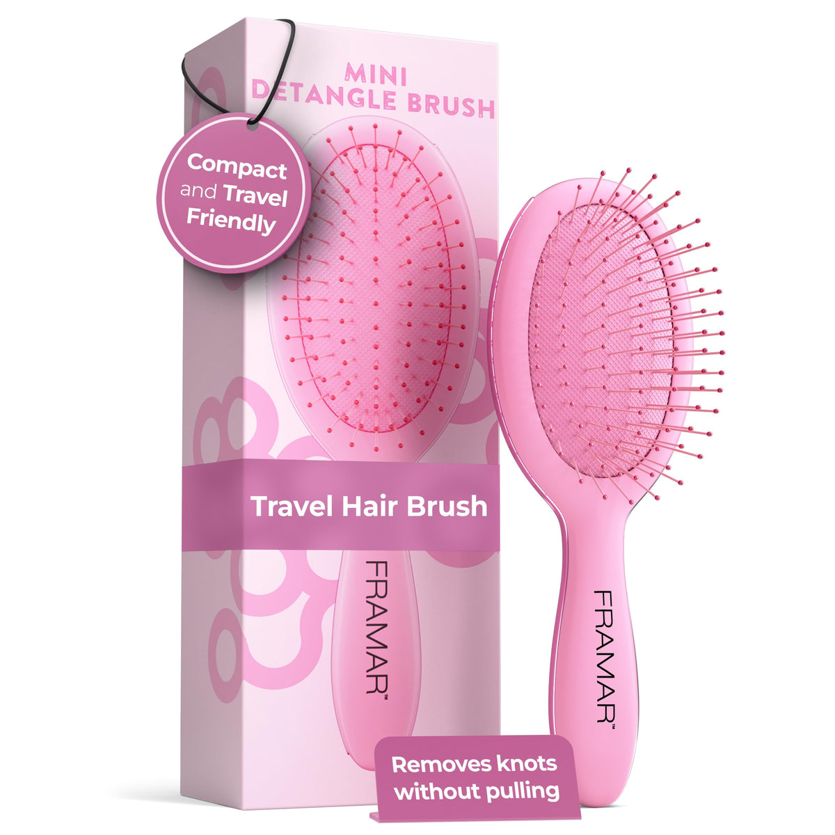 FRAMAR Mini Hair Brush Detangler front view in pink