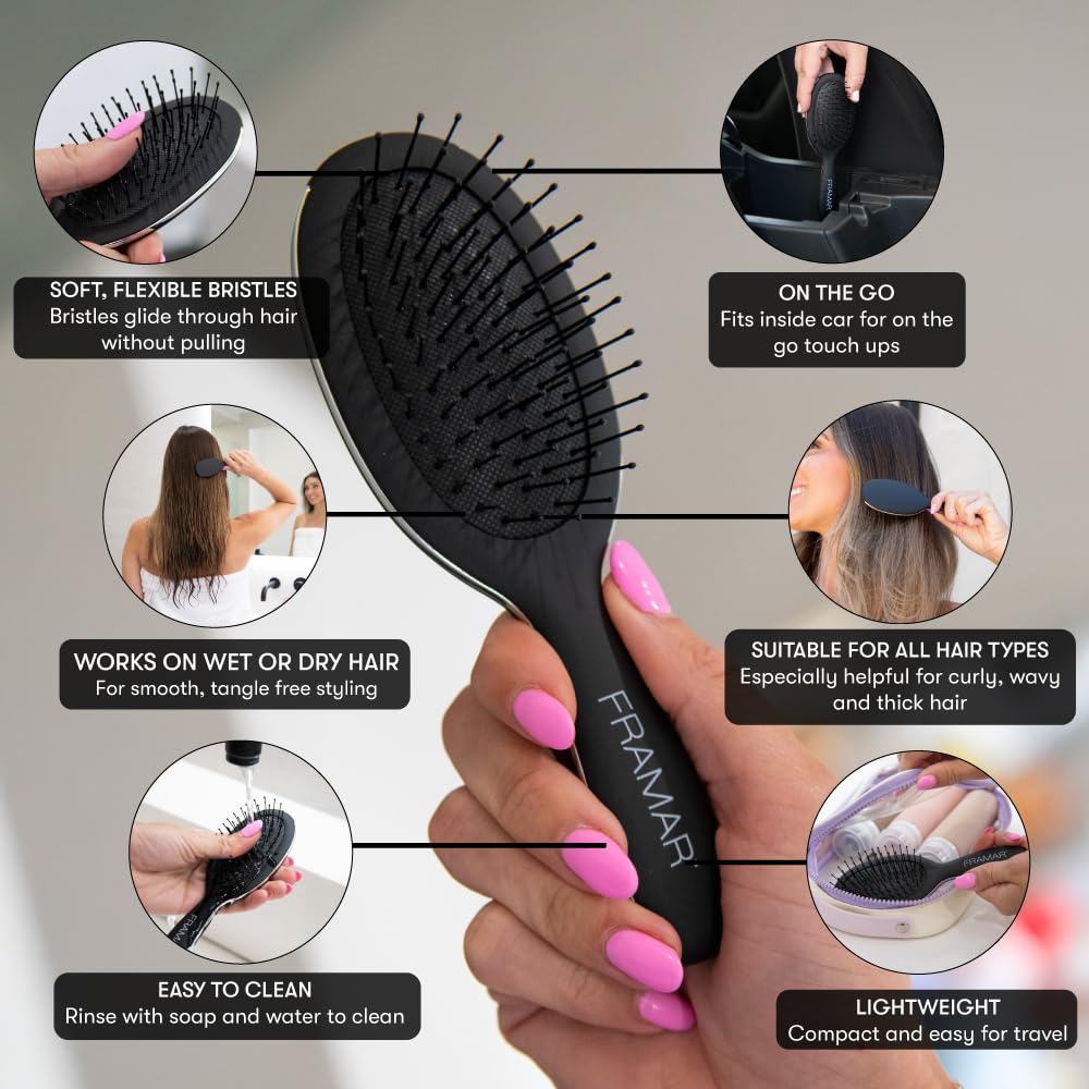 FRAMAR Mini Hair Brush Detangler side view showing bristles