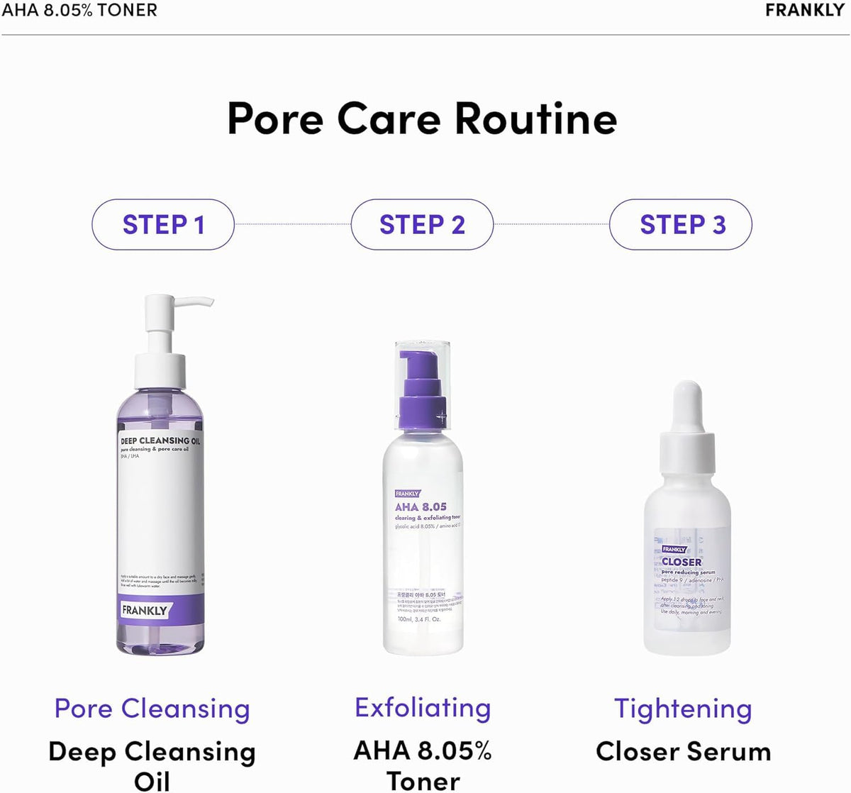 FRANKLY AHA 8.05% Toner with skincare routine items