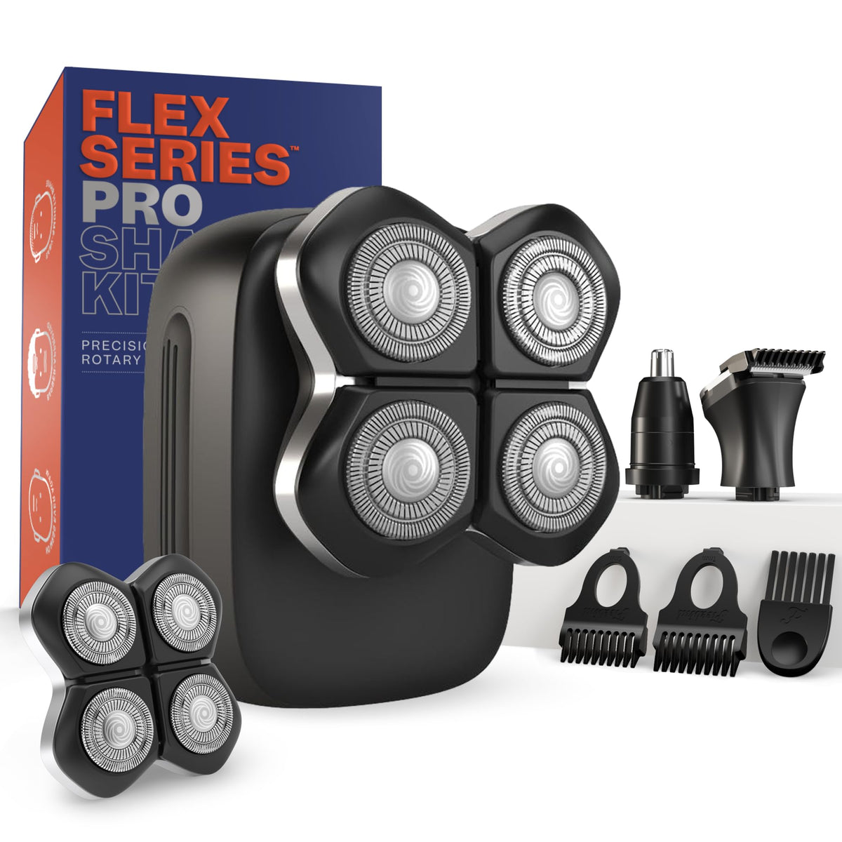 Freebird Electric Head & Body Hair Shaver front view with attachments