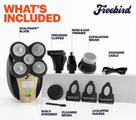 Freebird shaver with five attachments laid out