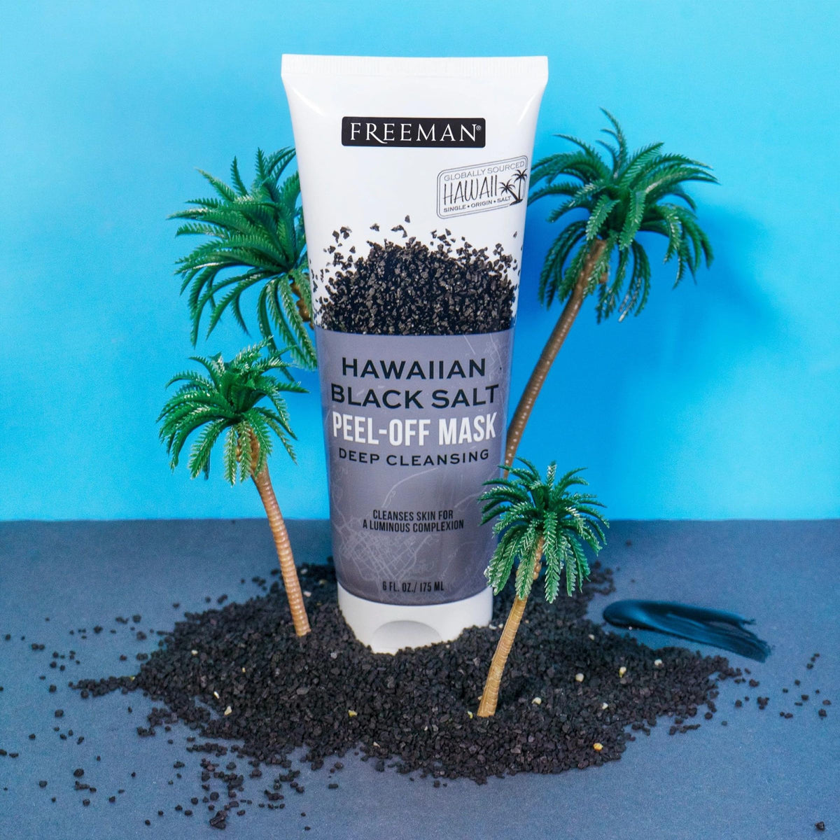 Freeman Hawaiian Black Salt Peel-Off Face Mask on a bathroom shelf