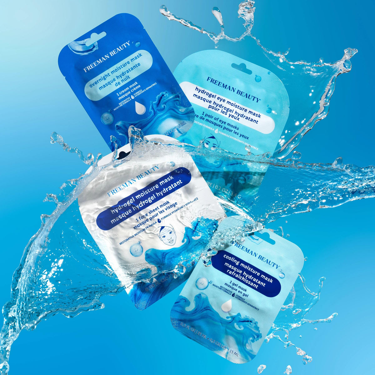 Freeman Hydrating Face Masks displayed on a bathroom counter