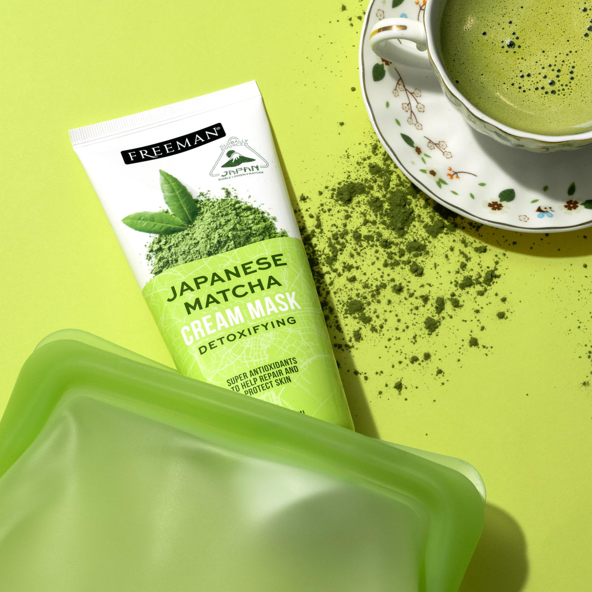 Freeman Japanese Matcha Cream Facial Mask tube with a green background