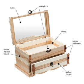 Freida and Joe wooden jewellery box open with bath products inside