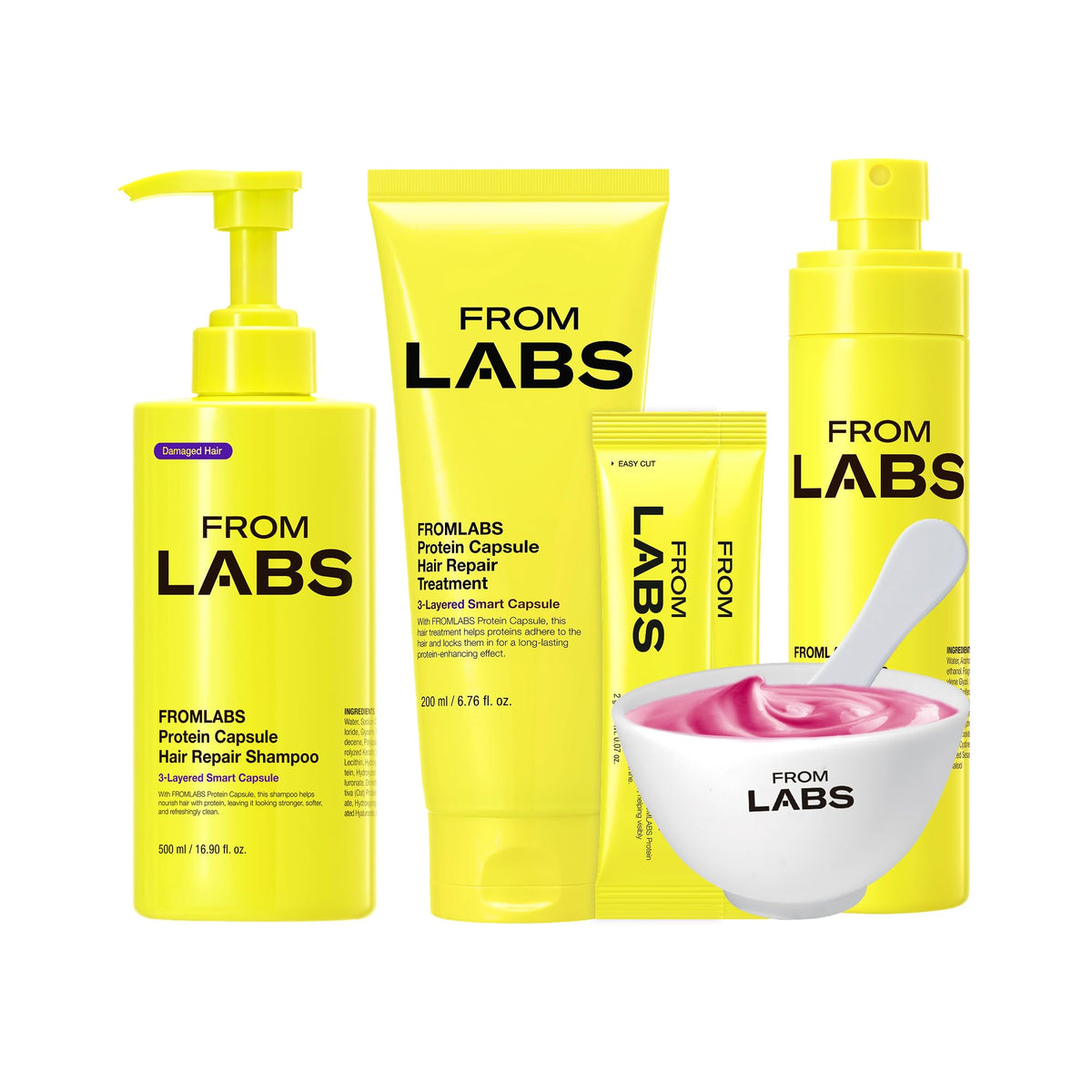FROMLABS Korean Hair Care Routine Set front view with shampoo, mask, powder, and spray
