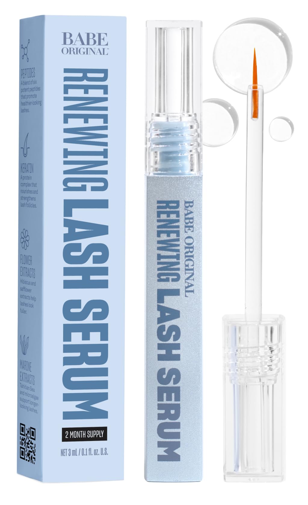 Front view of BABE ORIGINAL Renewing Lash Serum 3mL packaging