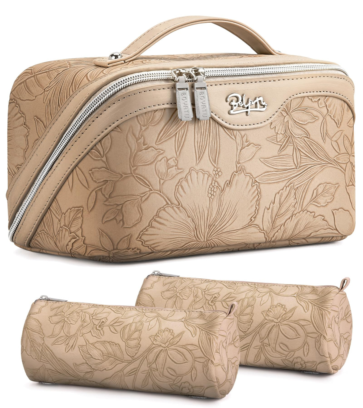 Front view of BOYATU Travel Makeup Bags Set of 3 in floral design