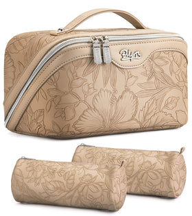 Front view of BOYATU Travel Makeup Bags Set of 3 in floral design