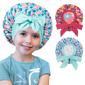 Front view of choshion Kids Silk Bonnet with tie band in attractive pattern
