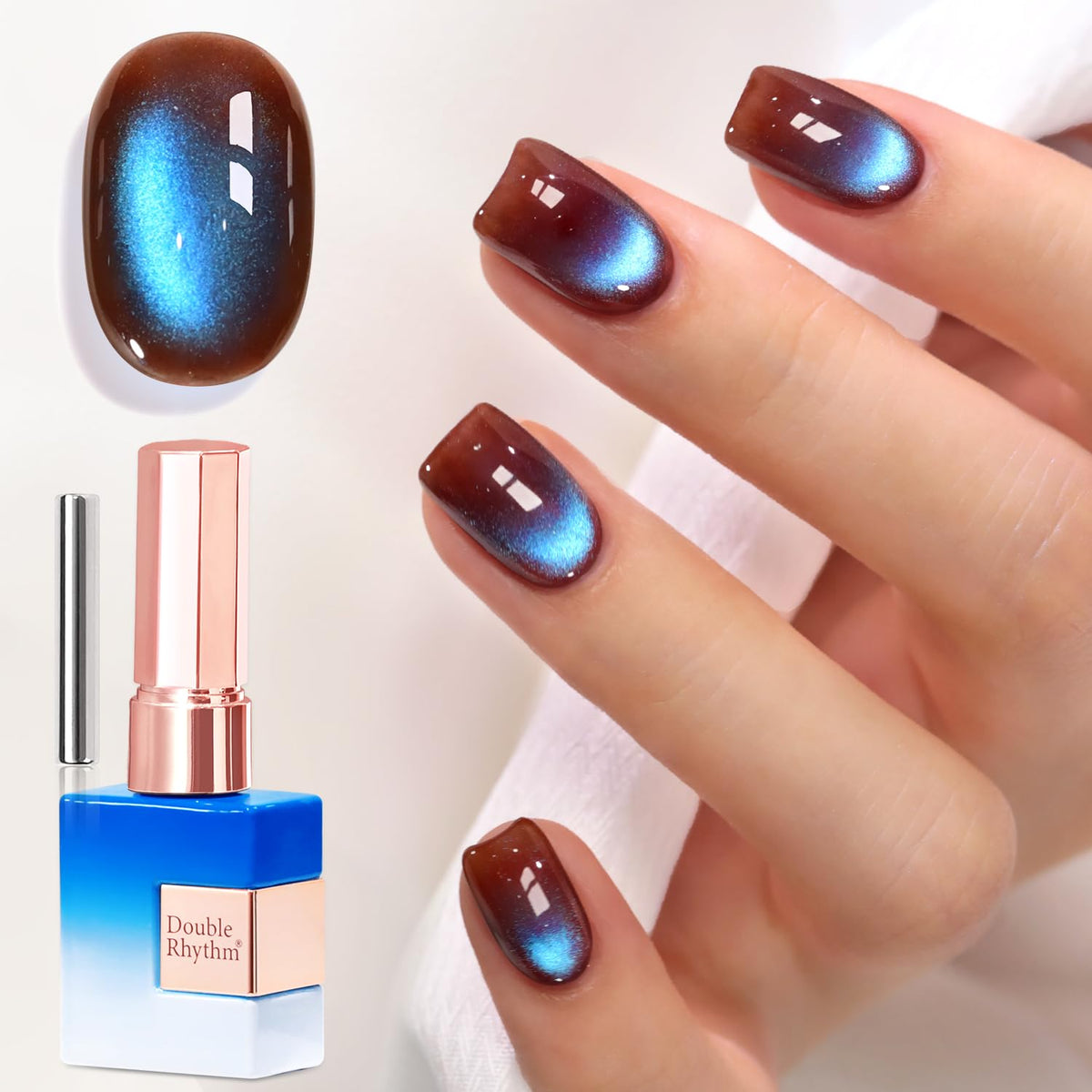 Front view of Double Rhythm Cat Eye Gel Polish 15ml in Caramel Blue