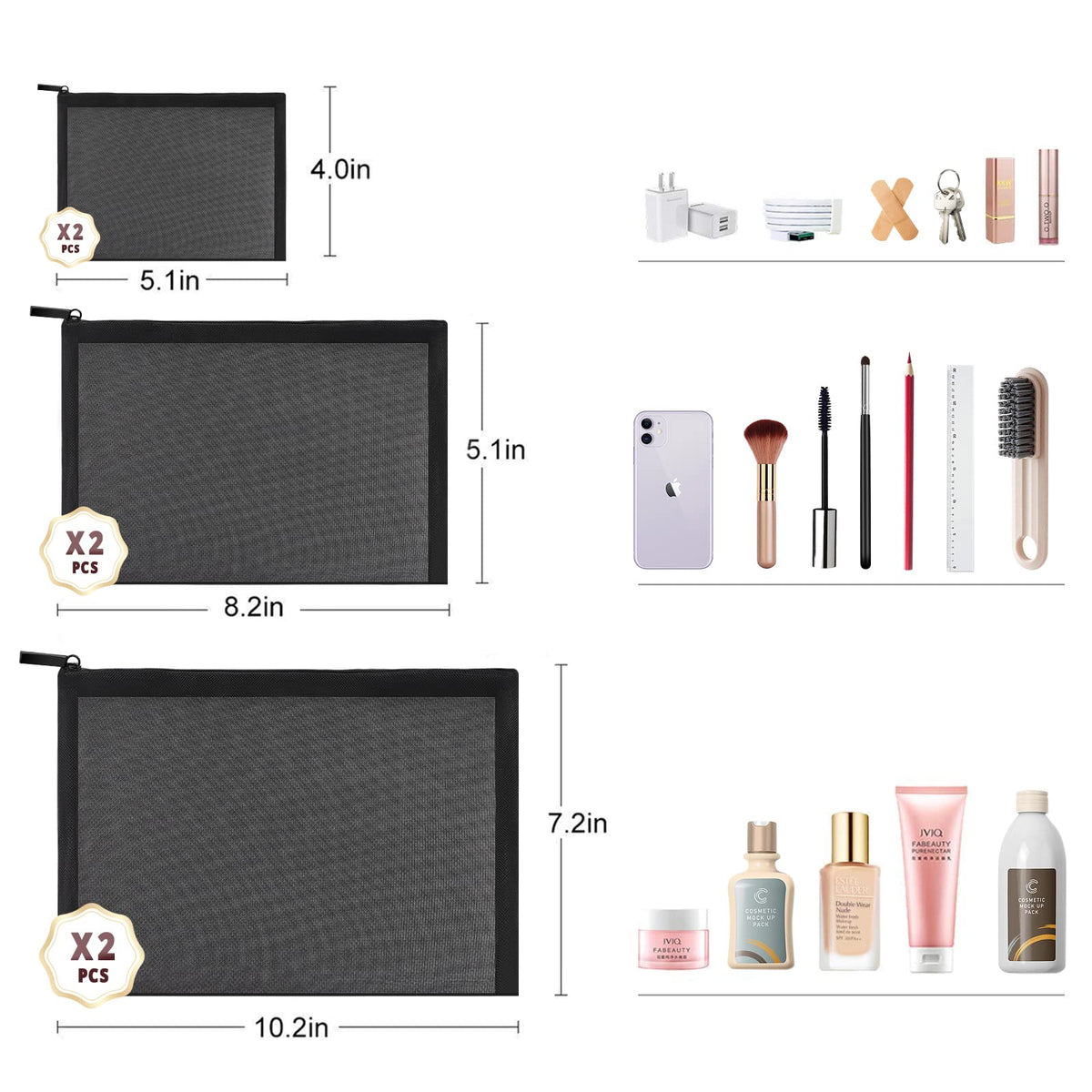 Front view of EASYFUN mesh cosmetic pouch in black