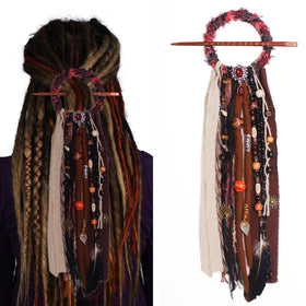 Front view of Generic Dreadlock Hair Tie with wooden beads and natural stones