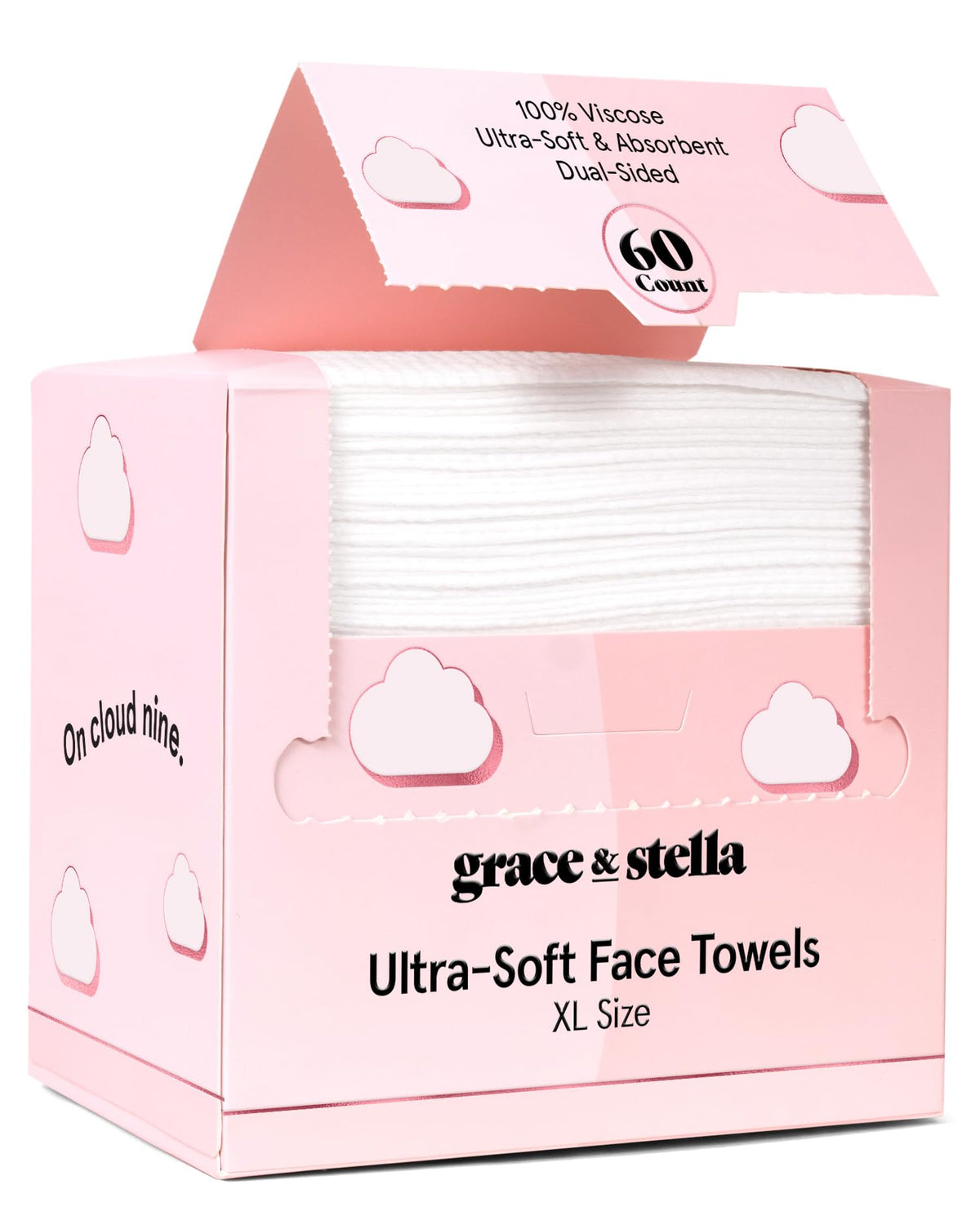 Front view of grace & stella disposable face towels 60 count packaging