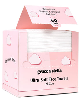 Front view of grace & stella disposable face towels 60 count packaging