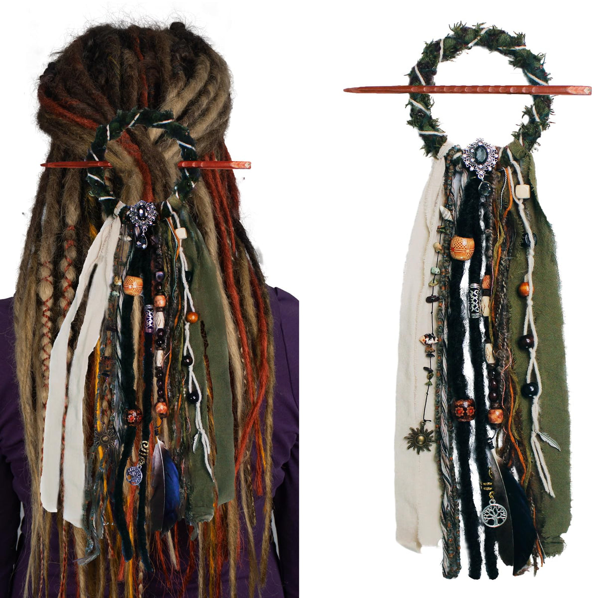 Front view of green dreadlock hair tie with wooden beads