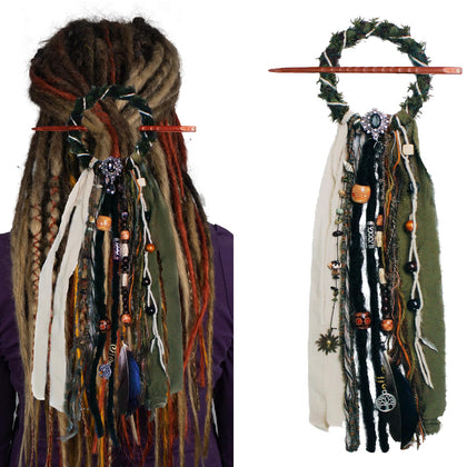 Front view of green dreadlock hair tie with wooden beads