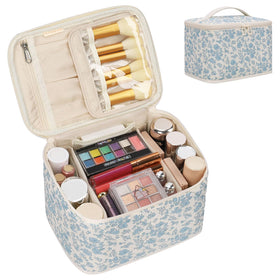 Front view of OCHEAL Travel Makeup Bag in blue floral design