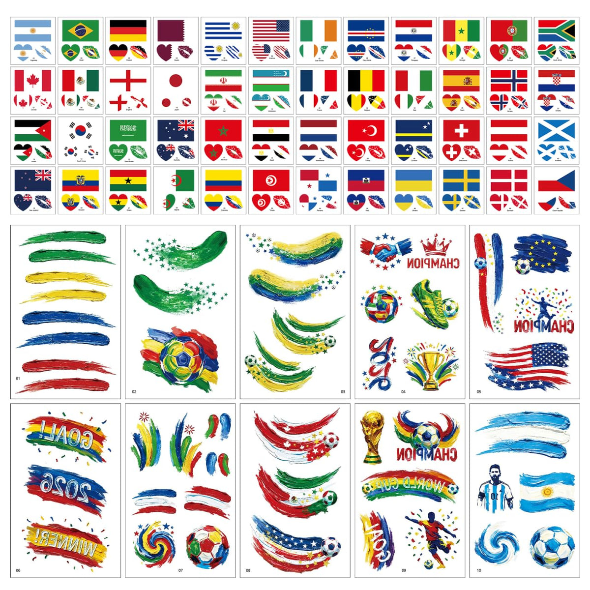 Front view of OFJRAP World Cup 2026 soccer temporary tattoos sheets