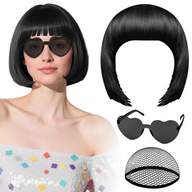Front view of PLULON Black Bob Wig with heart sunglasses