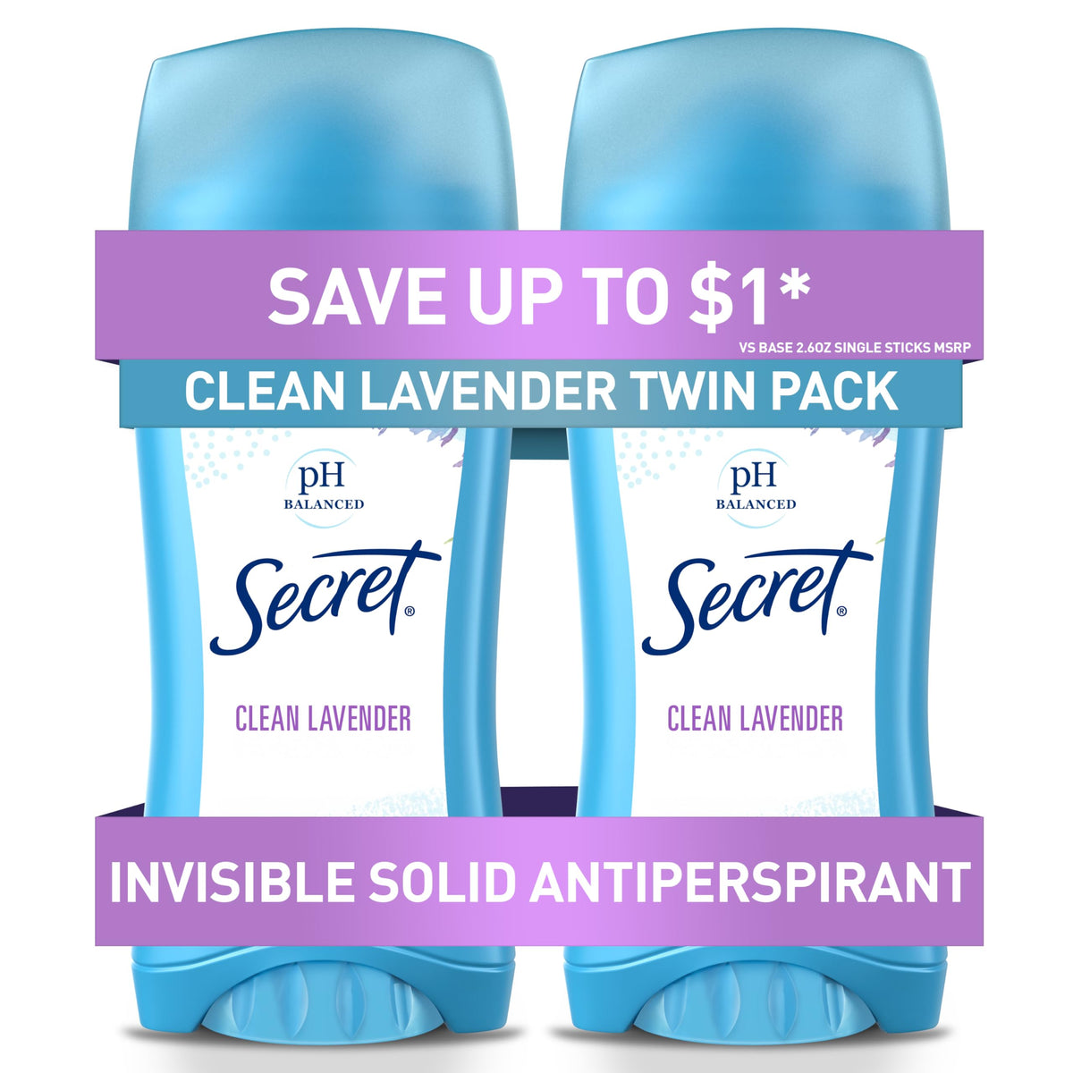 Front view of Secret Antiperspirant Deodorant for Women, Clean Lavender scent