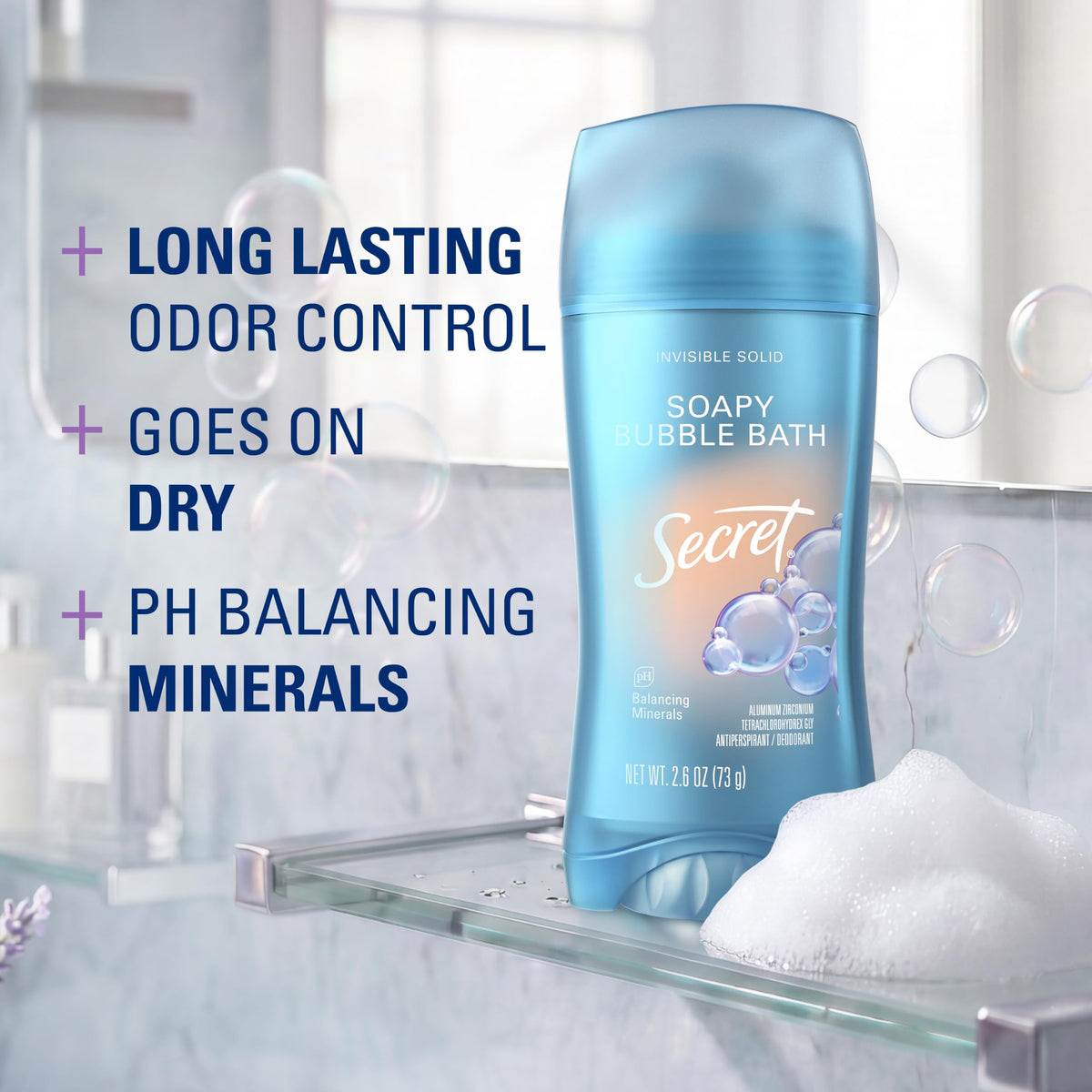 Front view of Secret Antiperspirant Deodorant with bubble bath scent