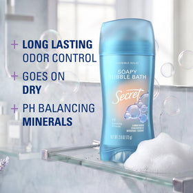 Front view of Secret Antiperspirant Deodorant with bubble bath scent