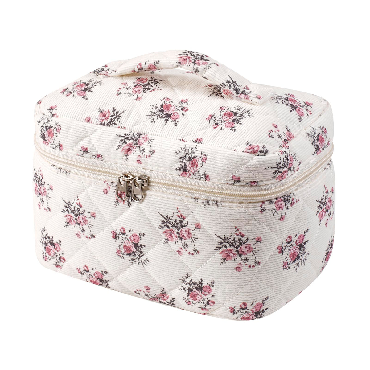 Front view of uekeboag Floral Cotton Makeup Bag in pink with floral pattern