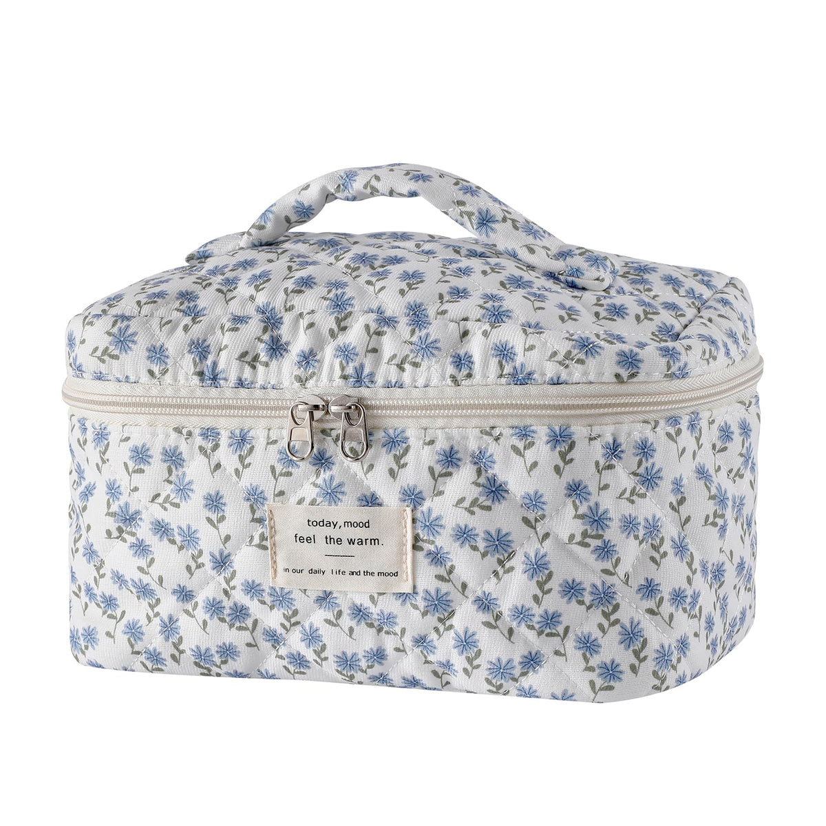 Front view of uekeboag Large Floral Cotton Makeup Bag in blue flower design