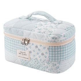 Front view of uekeboag Large Travel Quilted Makeup Bag in floral design